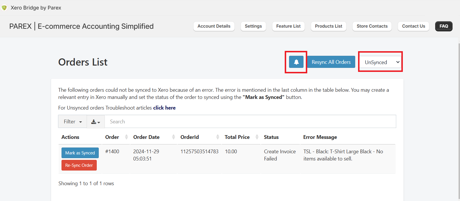 Notification icon in Xero bridge app to set email notification of unsynced orders